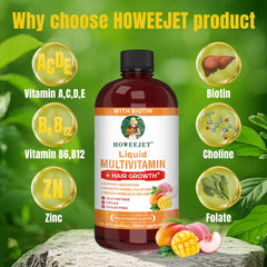 HOWEEJET liquid multivitamin pour illustrating two-tablespoon daily serving.