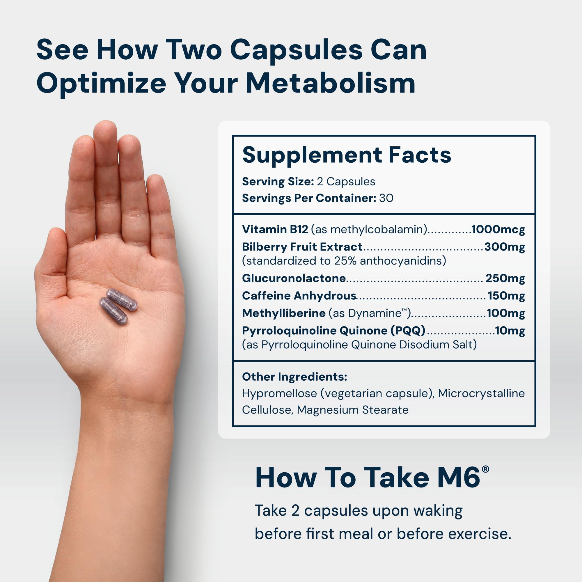 HPN M(6) capsules closeup highlighting vegan-friendly formula and non-GMO ingredients.