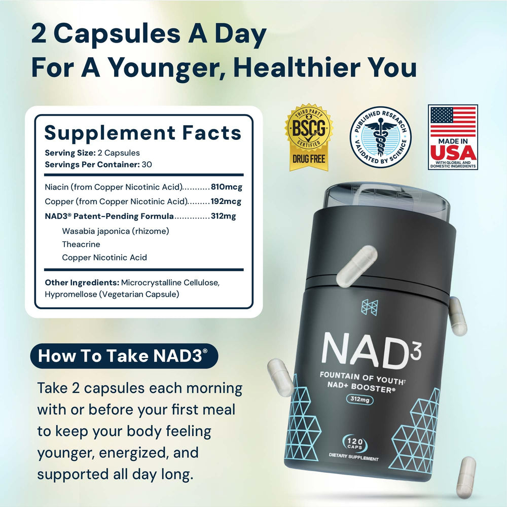 HPN NAD3 bottle side label detailing ingredients and quality assurances