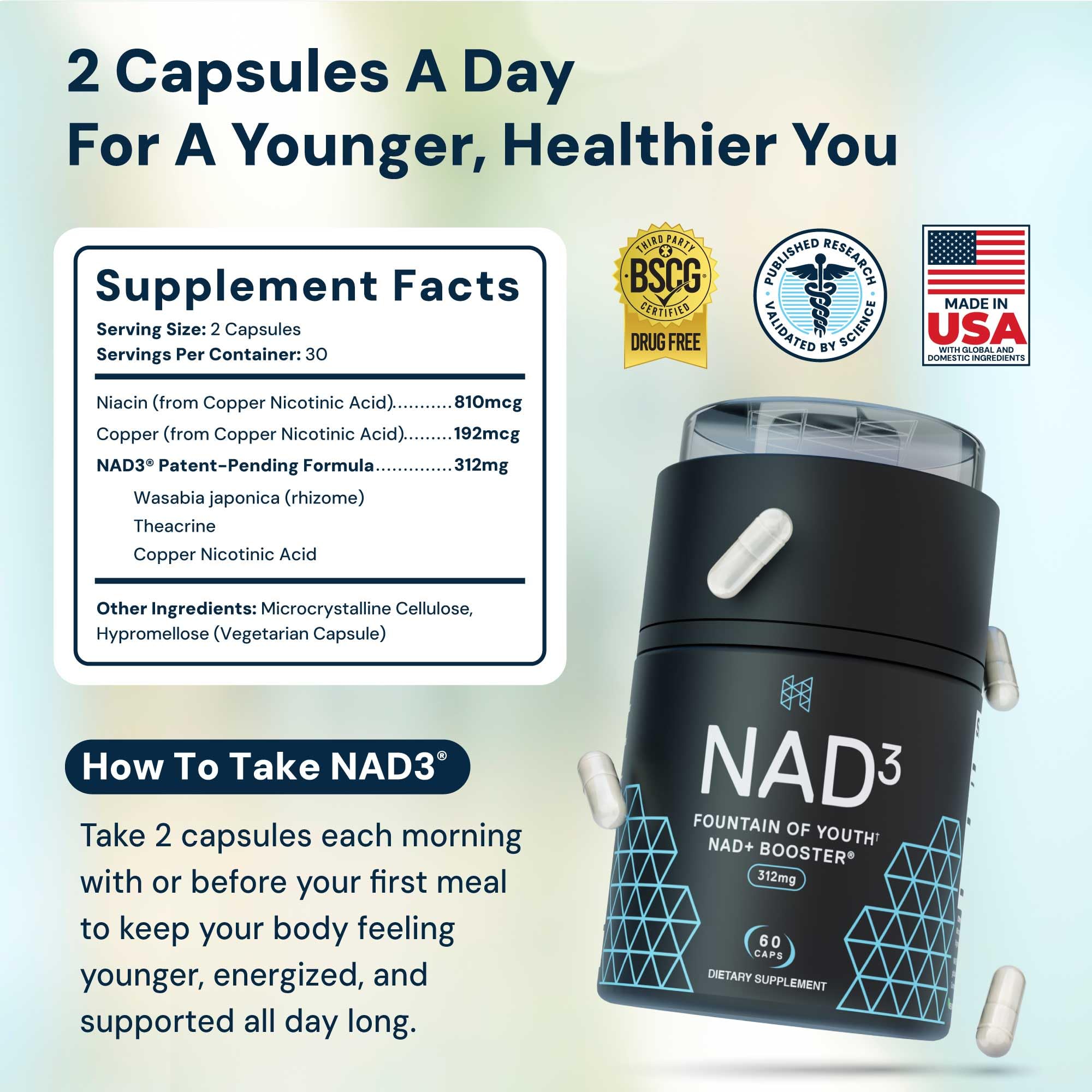 Close-up of HPN NAD3 capsules emphasizing compact design for easy swallowing.