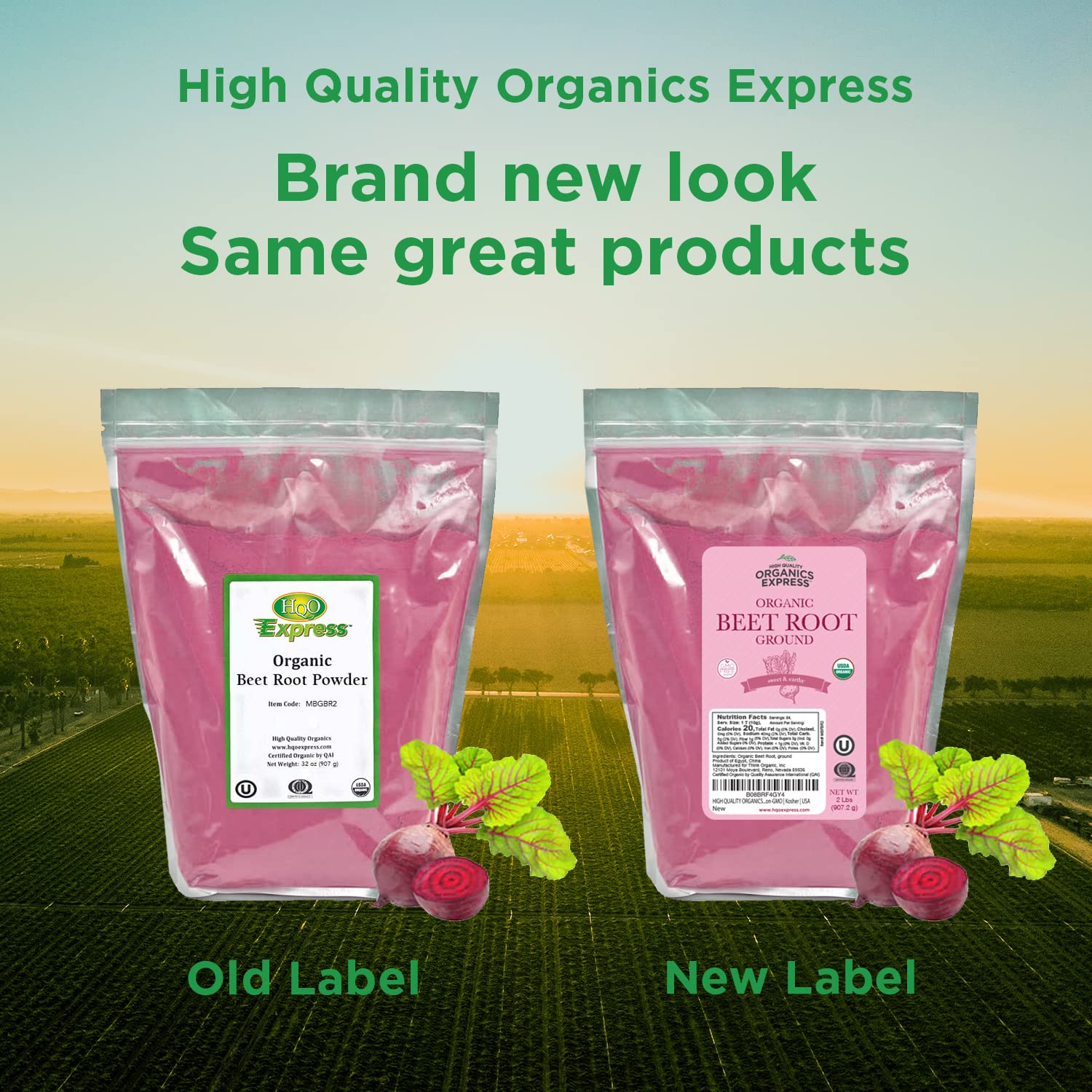 HQOExpress beetroot powder ingredients label; confirms organic, non-GMO, kosher status.