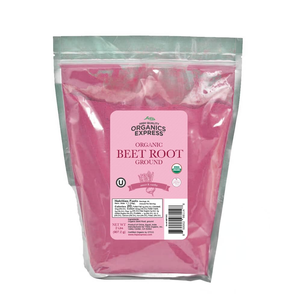 HQOExpress beetroot powder jar front view; pure organic supplement for smoothies.