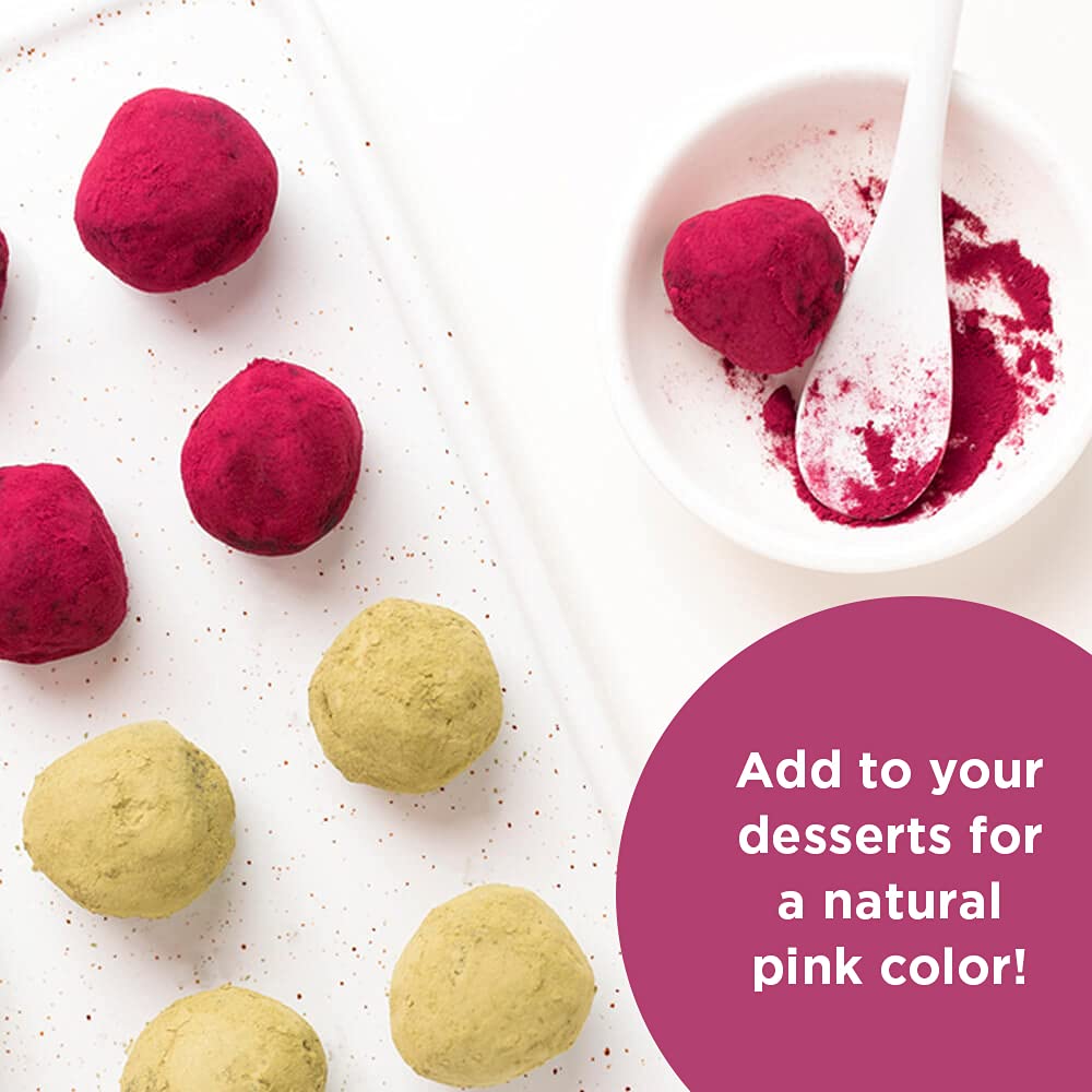 HQOExpress beetroot powder on spoon; earthy sweet notes for smoothies.