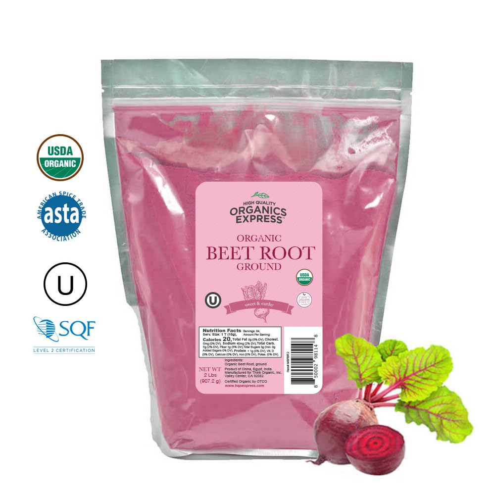 HQOExpress organic beetroot powder bottle back shows label; clean additive-free nutrition.