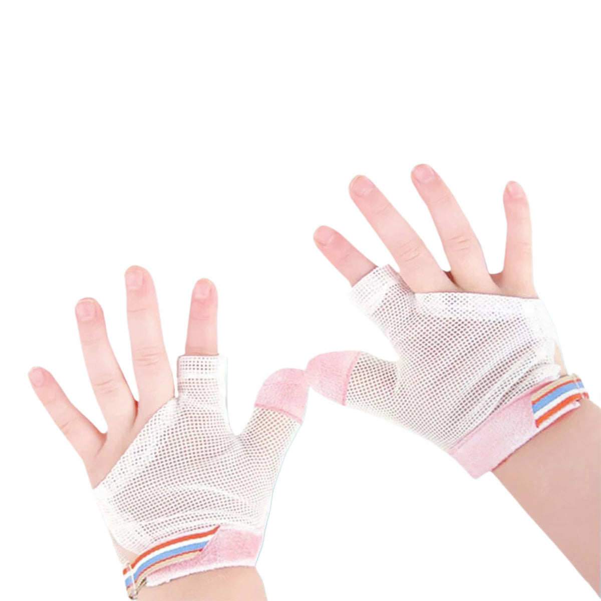 HSROXIN pink XL thumb-sucking guard on a child’s hand encouraging habit awareness.