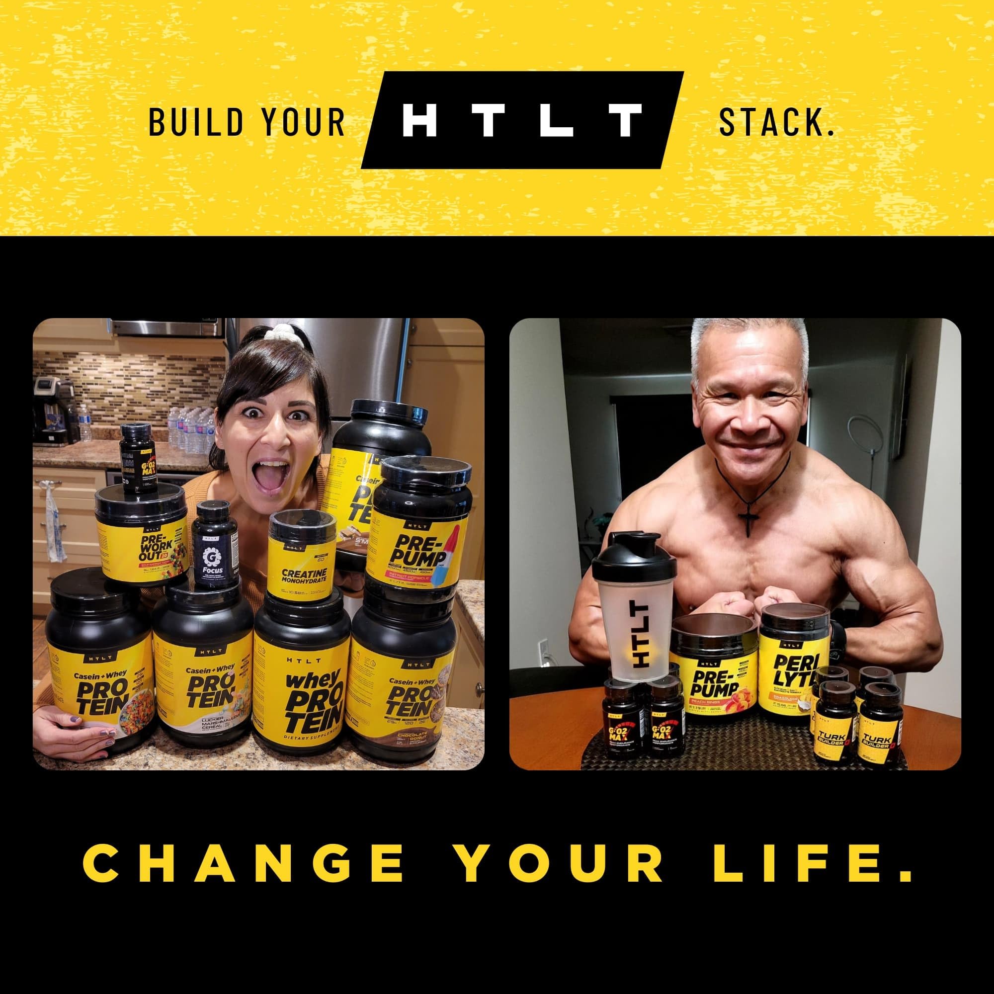 HTLT Supps vanilla tub showing casein-whey blend for versatile use