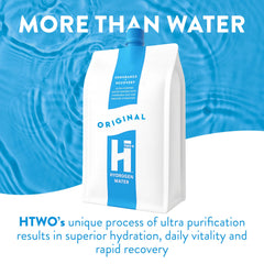 HTWO 6-pack packaging on display for convenient multi-serve hydration.