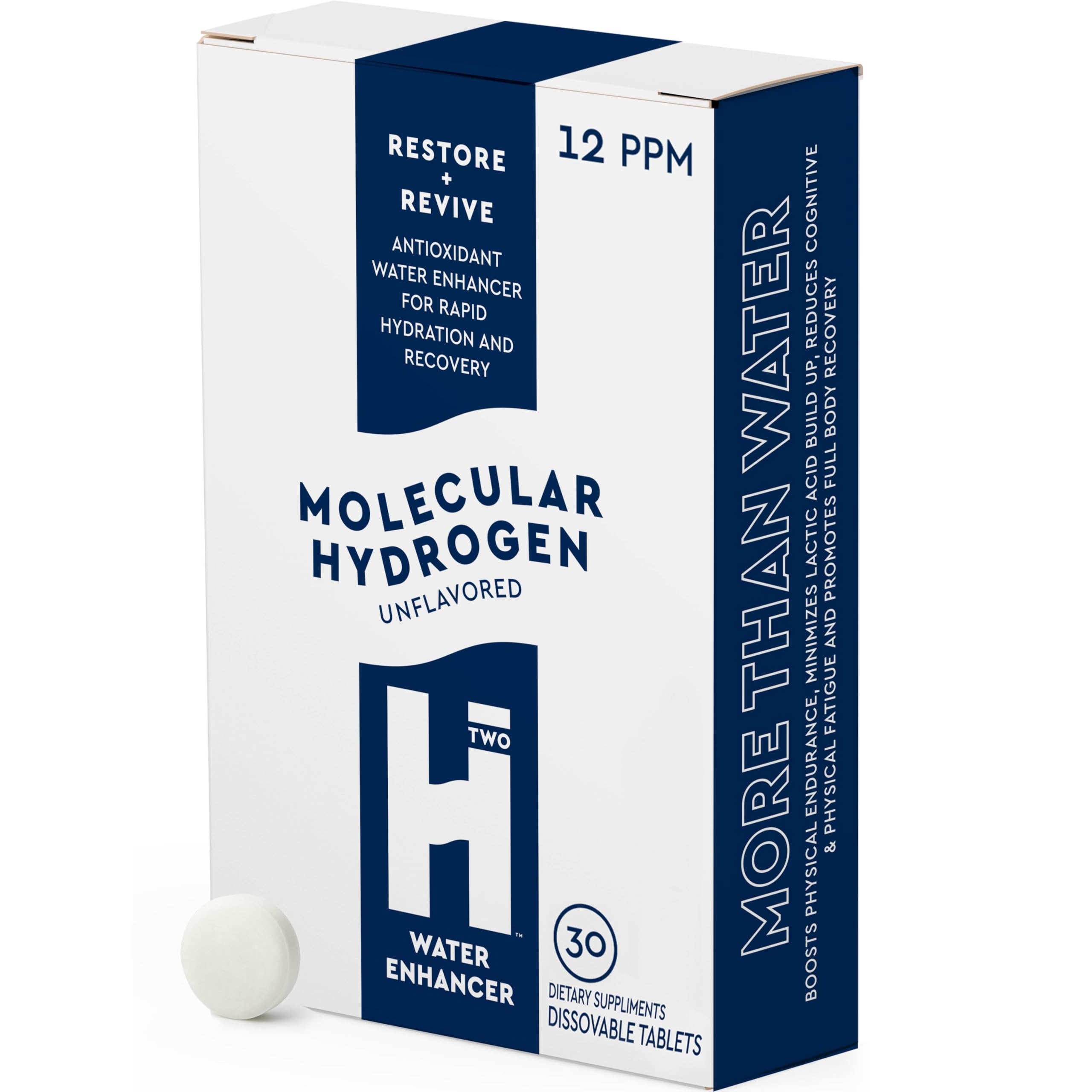 HTWO molecular hydrogen tablets dissolve in water for hydrogen-rich hydration.