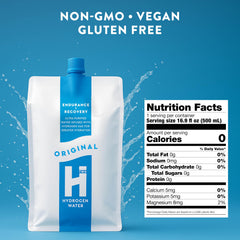 HTWO hydrogen water pouch with seal highlighting portability and freshness.