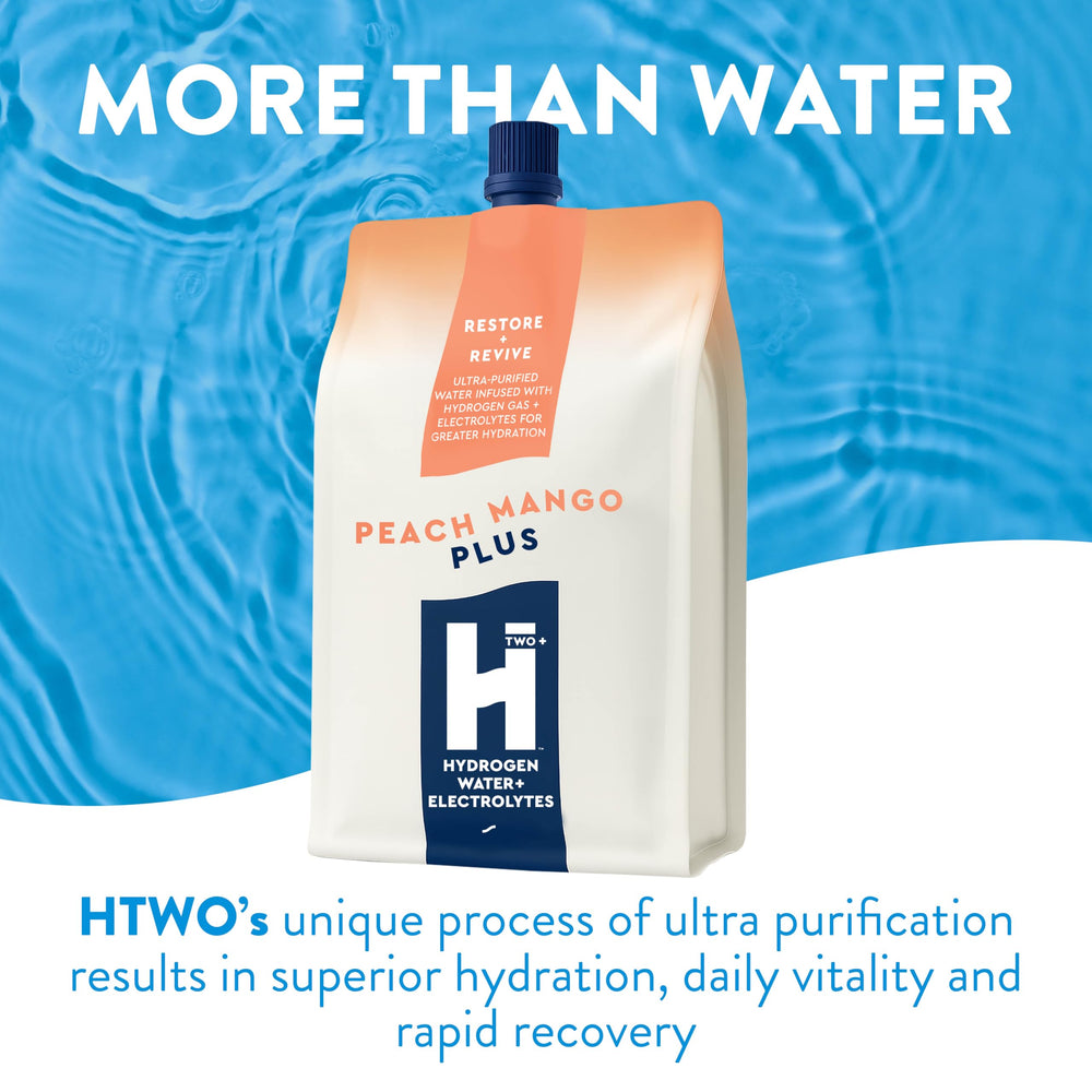 HTWO Plus infographic highlights electrolytes and hydrogen benefits.