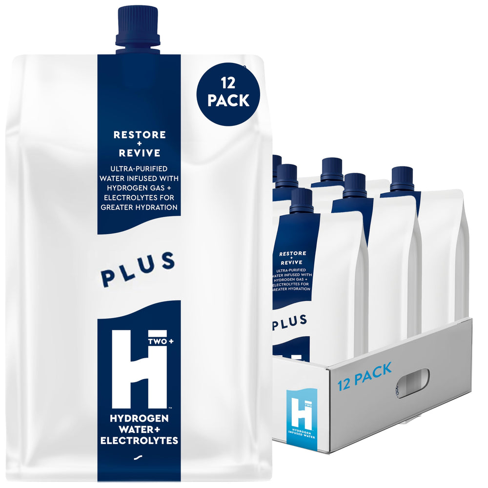 HTWO Plus hydrogen water pack front; ready-to-drink hydration for active days.