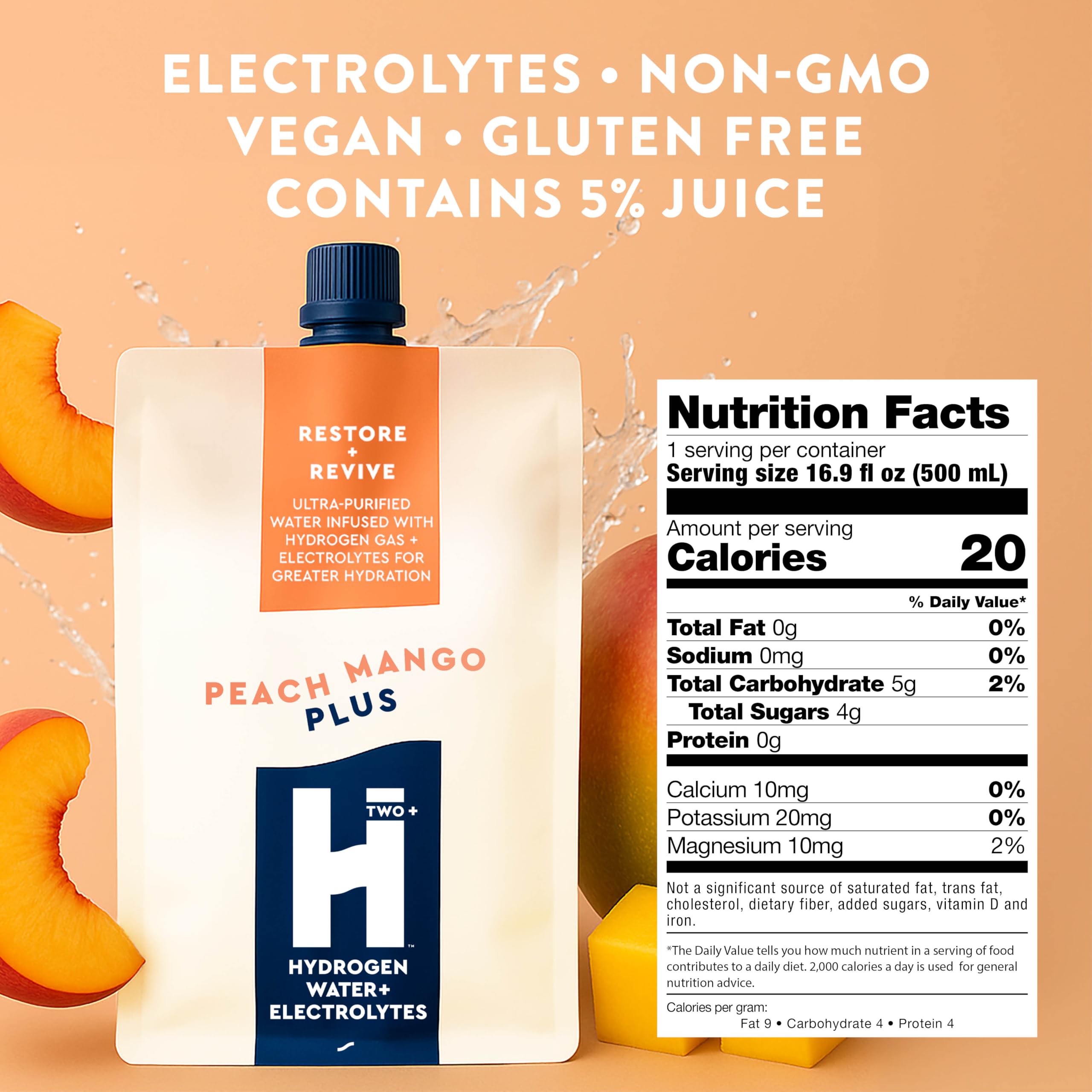 HTWO Plus Peach Mango hydration packet ready to mix for sugar-free refreshment.