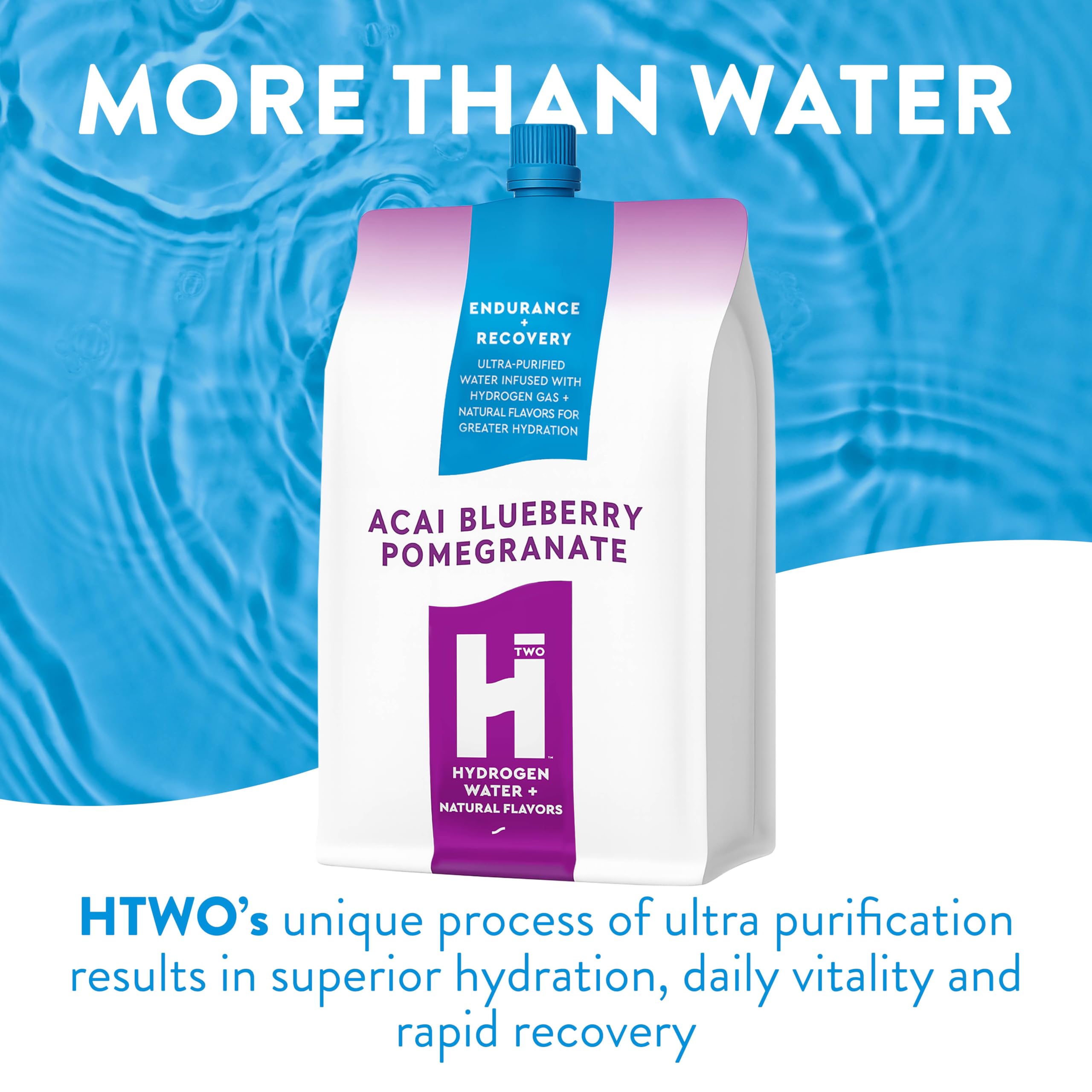 HTWO hydrogen water being poured into a glass shows smooth, refreshing flavor.