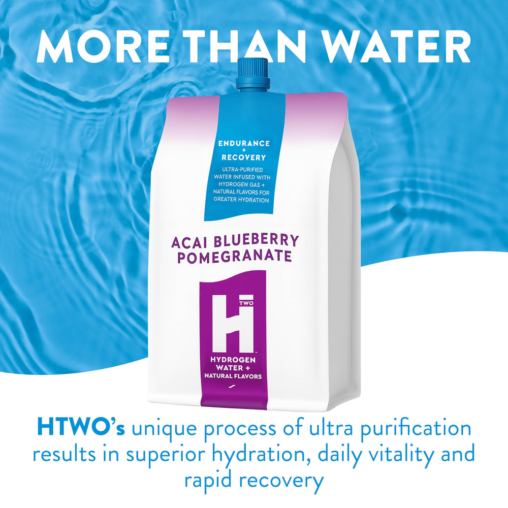 HTWO hydrogen water being poured into a glass shows smooth, refreshing flavor.