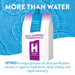 HTWO hydrogen water being poured into a glass shows smooth, refreshing flavor.