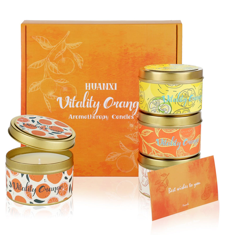 HUAN XI orange scented candles gift set packaging, gift-ready presentation for occasions.