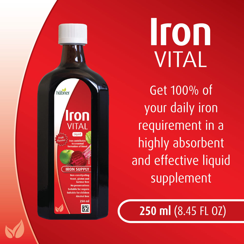 Close-up of Hübner Iron Vital fruit-flavor liquid highlighting pleasant taste.