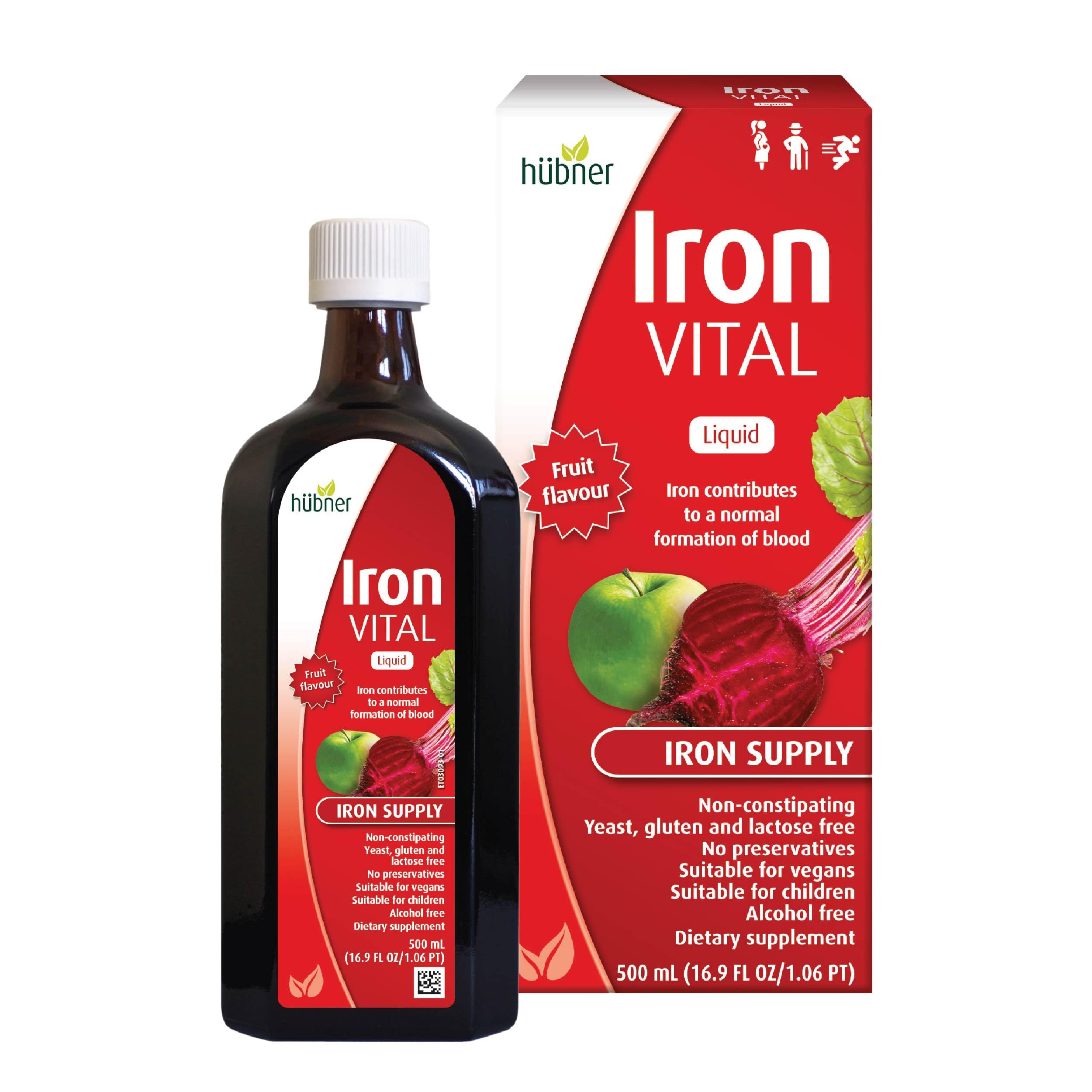 hübner Iron Vital liquid iron pour—easy-to-pour bottle for daily use.