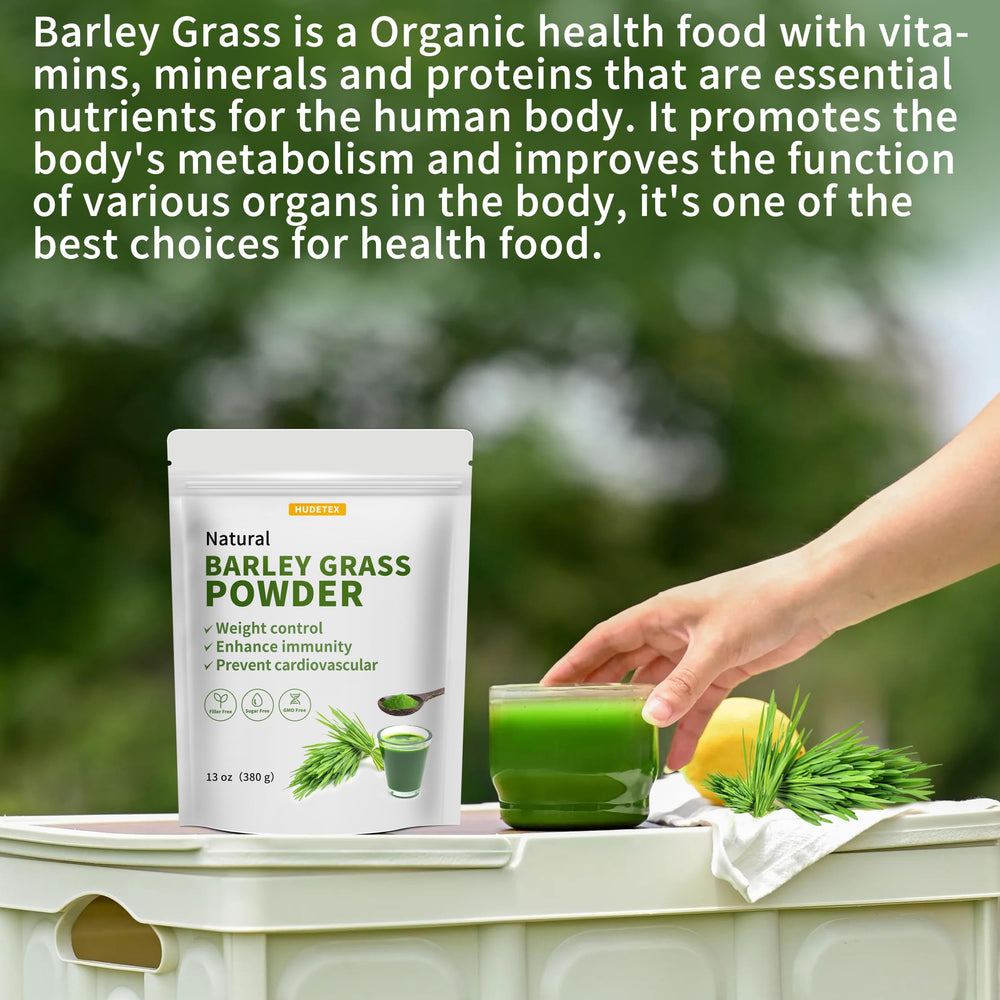 Hudetex Barley Grass Powder in a milkshake glass.