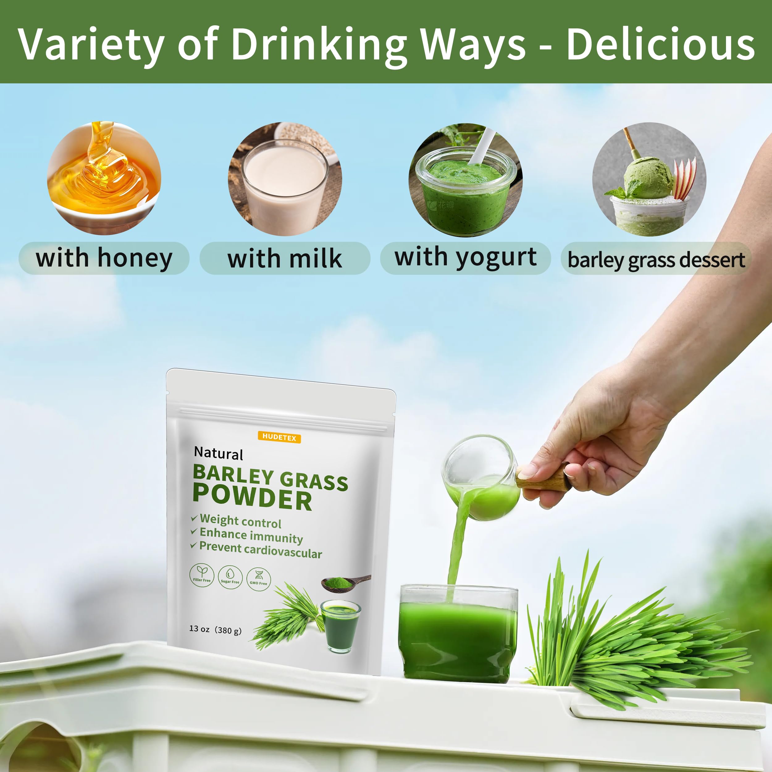 Hudetex Barley Grass Powder packaging displayed on a shelf.