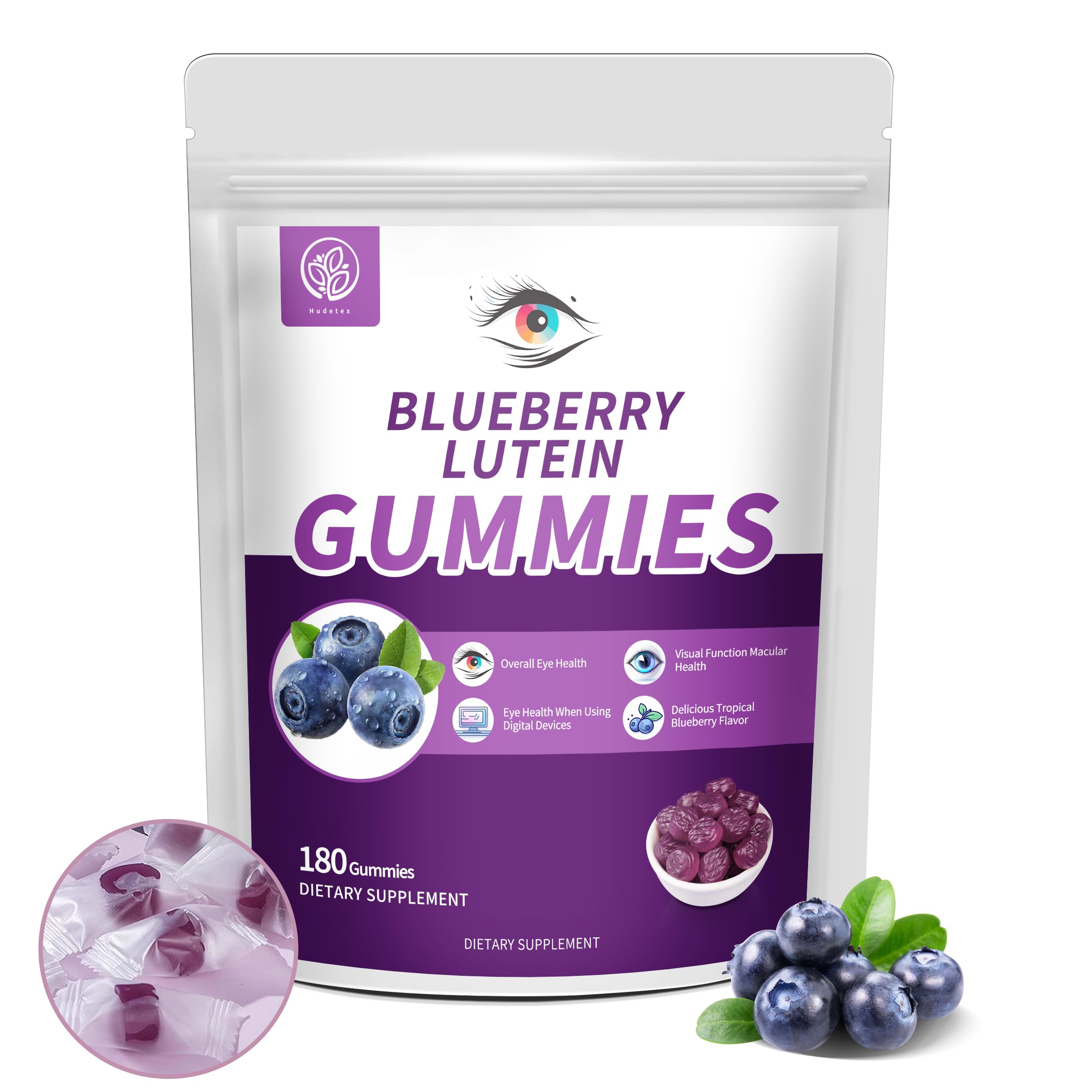 Hudetex Blueberry Lutein Gummies packaging for on-the-go eye support