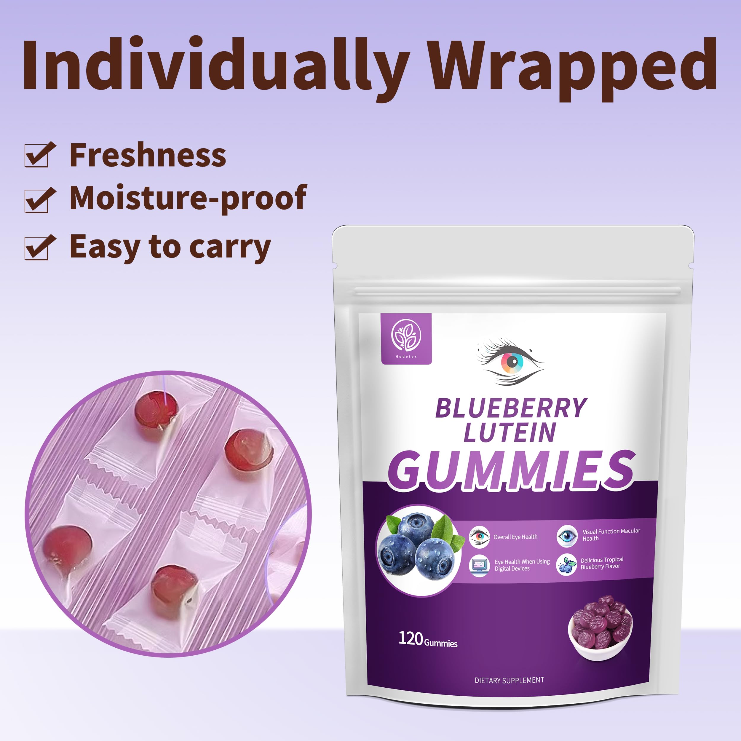 Hudetex serving image shows two to three gummies for daily routine.