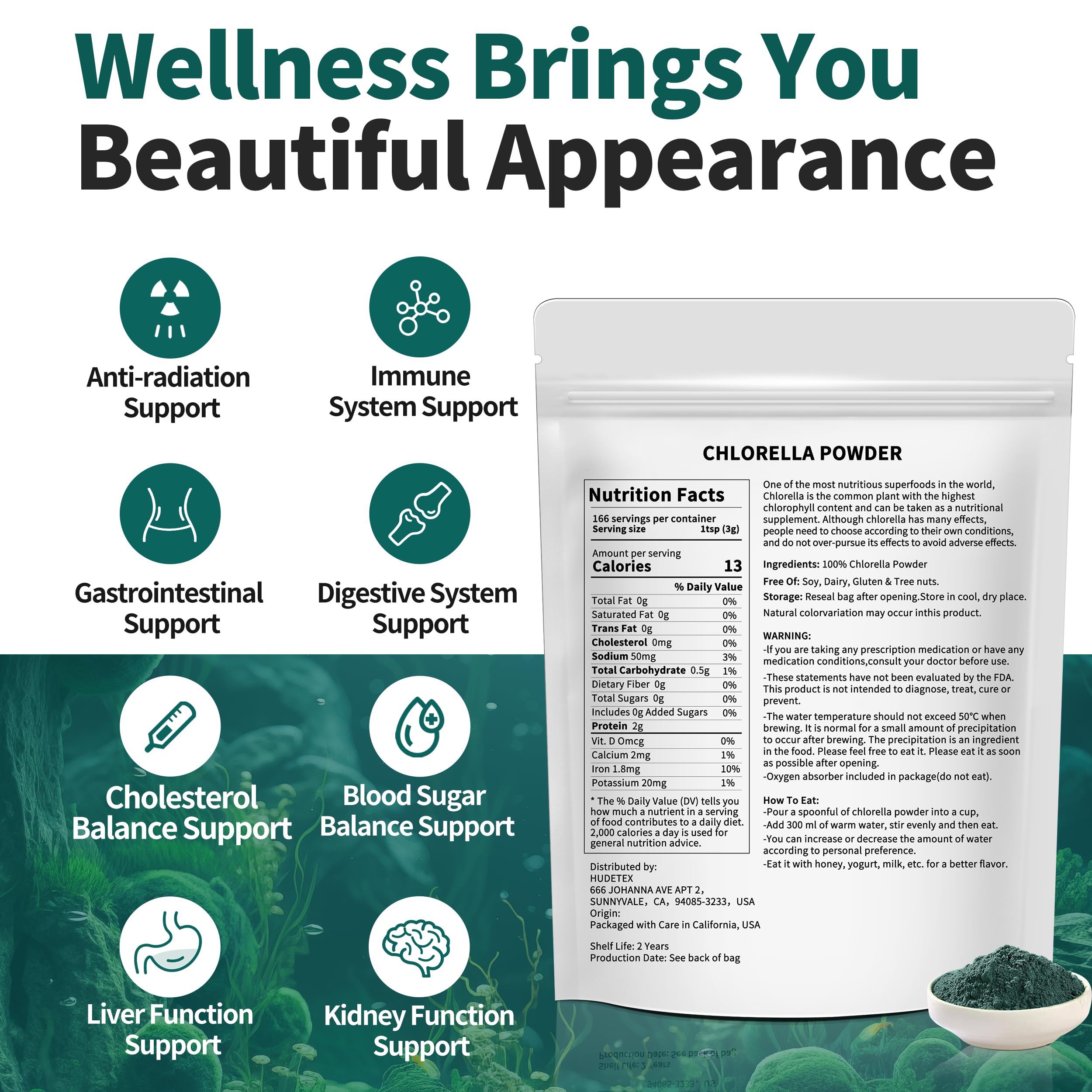 Hudetex chlorella powder bottle label emphasizes clean ingredients and third-party testing.