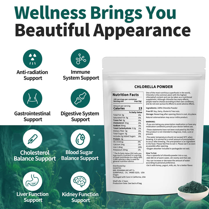 Hudetex chlorella powder bottle label emphasizes clean ingredients and third-party testing.