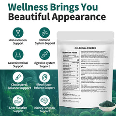 Hudetex chlorella powder bottle label emphasizes clean ingredients and third-party testing.