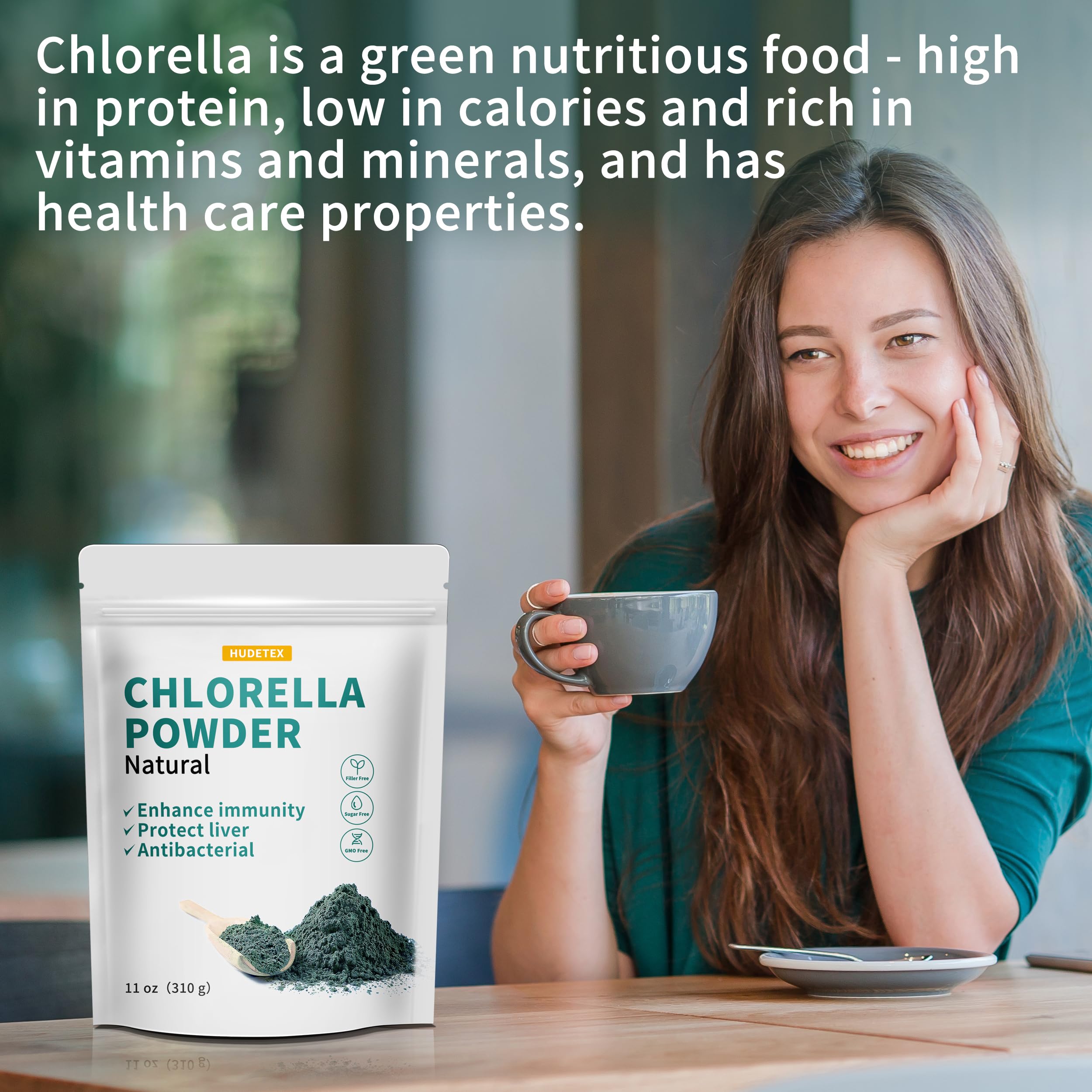Chlorella powder dusting oats suggests easy breakfast enhancement