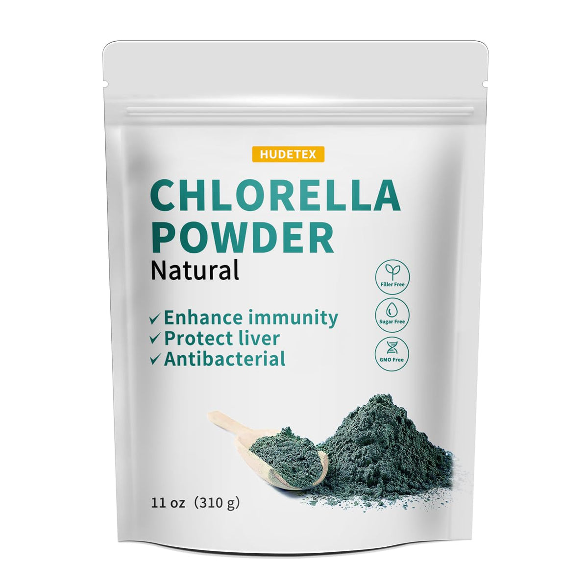 Hudetex Chlorella Powder Natural bottle highlights vegan protein and vitamins for daily wellness