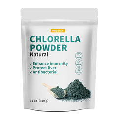 Hudetex Chlorella Powder Natural bottle highlights vegan protein and vitamins for daily wellness