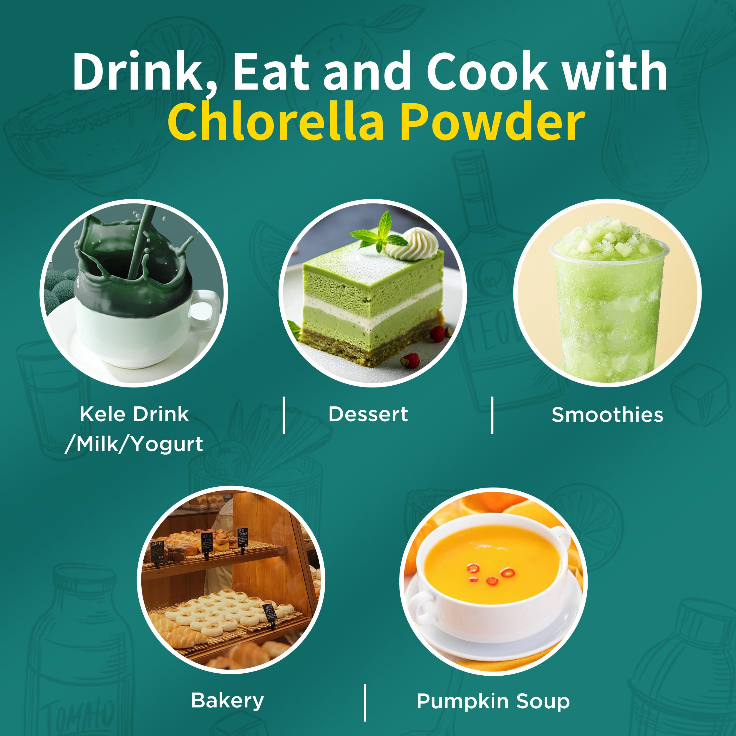 Hudetex chlorella powder nutrition panel highlights chlorophyll, iron and B-complex content.