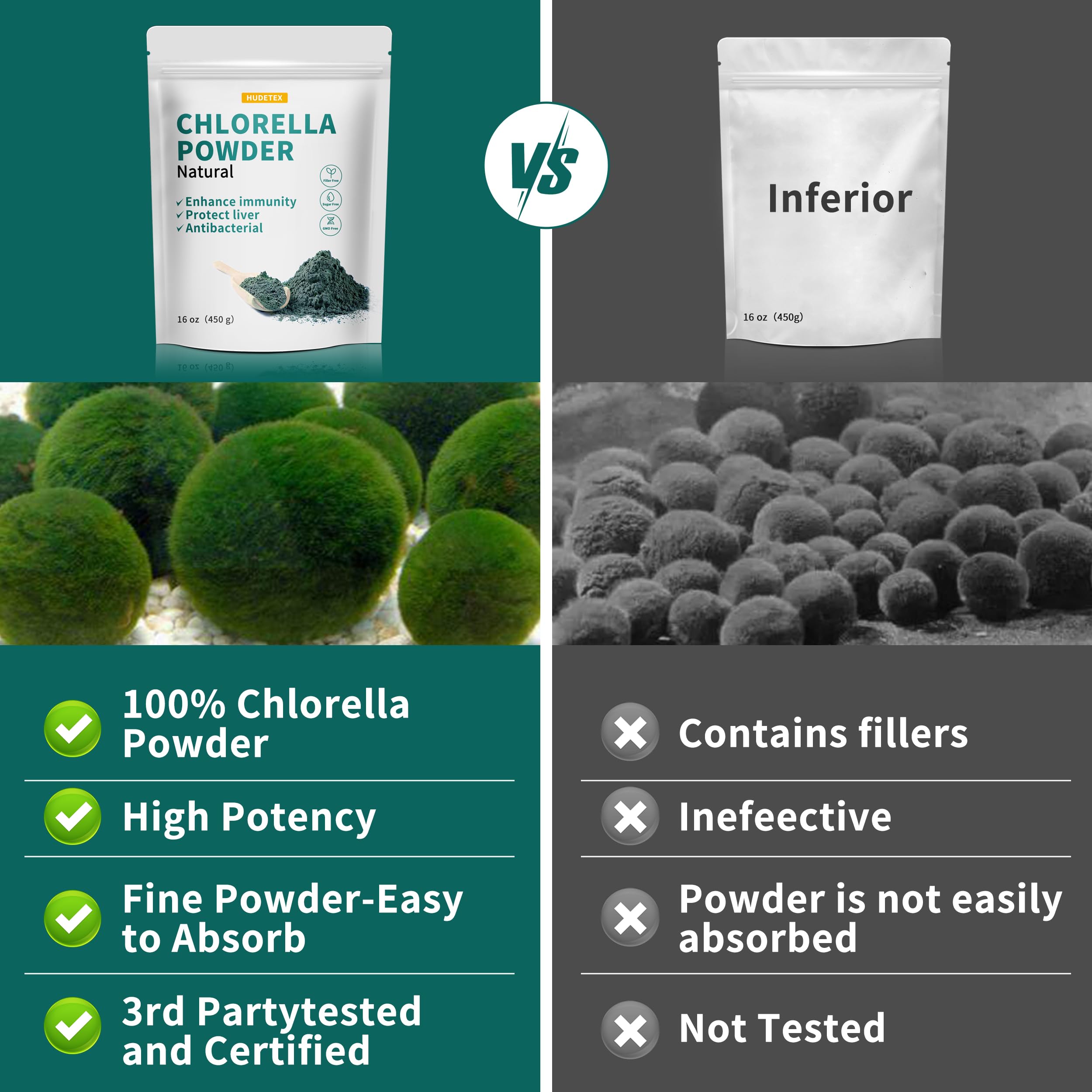 Hudetex chlorella powder with leafy greens suggesting vegetarian protein source