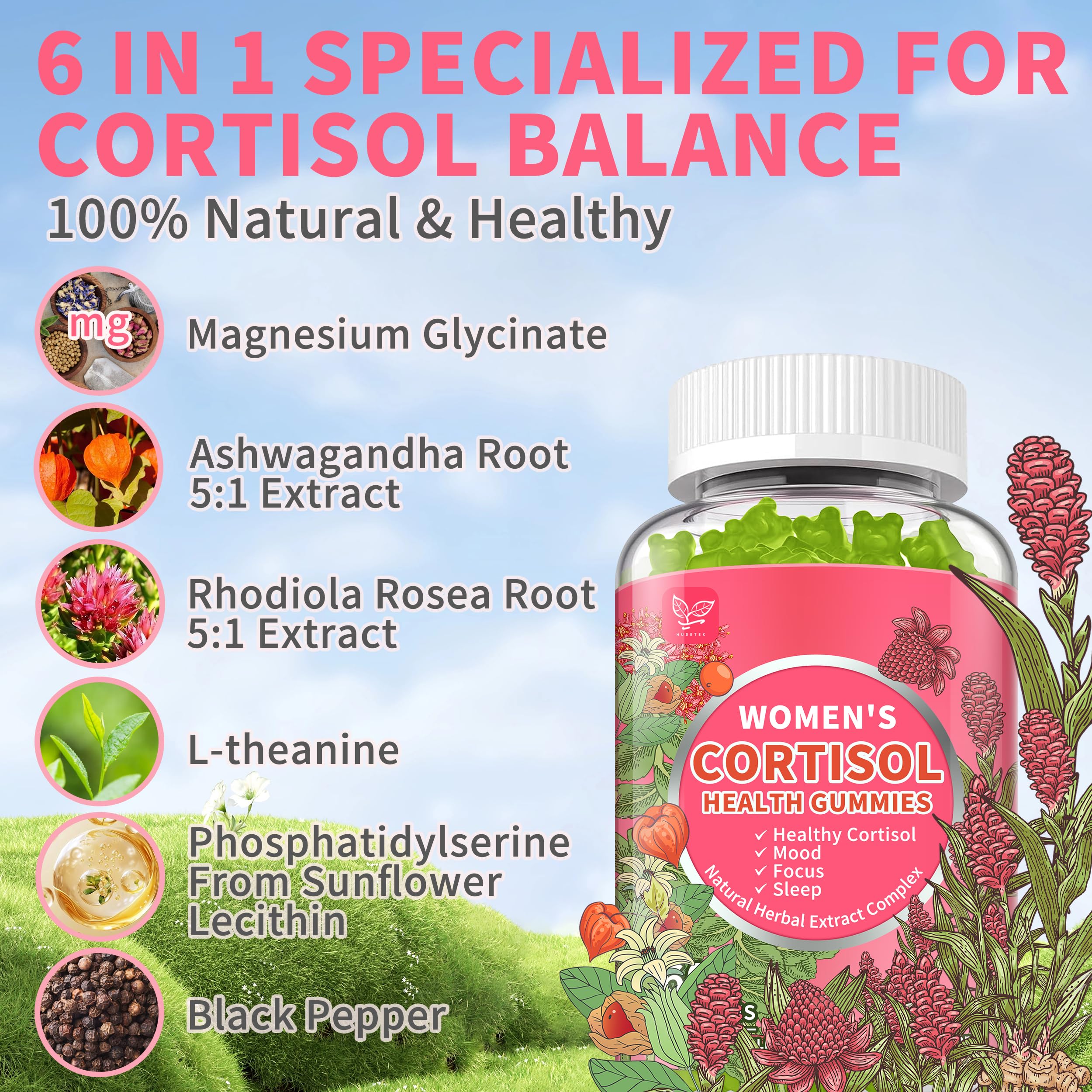 Hudetex Cortisol Gummies apple flavor close-up inviting daily use.