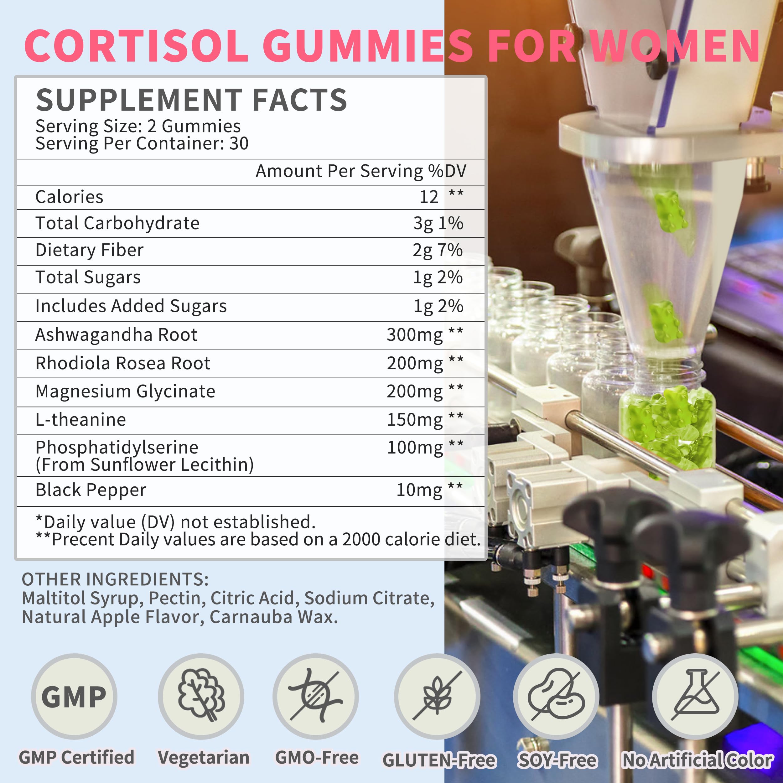 Hudetex Cortisol Gummies label highlighting natural adaptogens for balance.