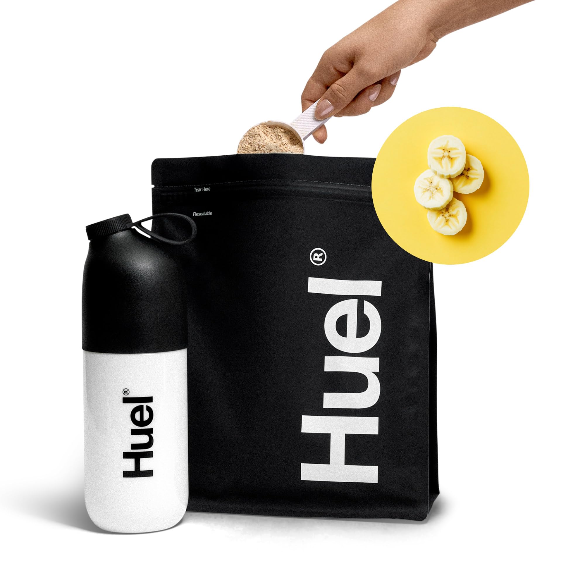 Huel Black Edition Banana meal prep scene highlights quick, plant-based nutrition.