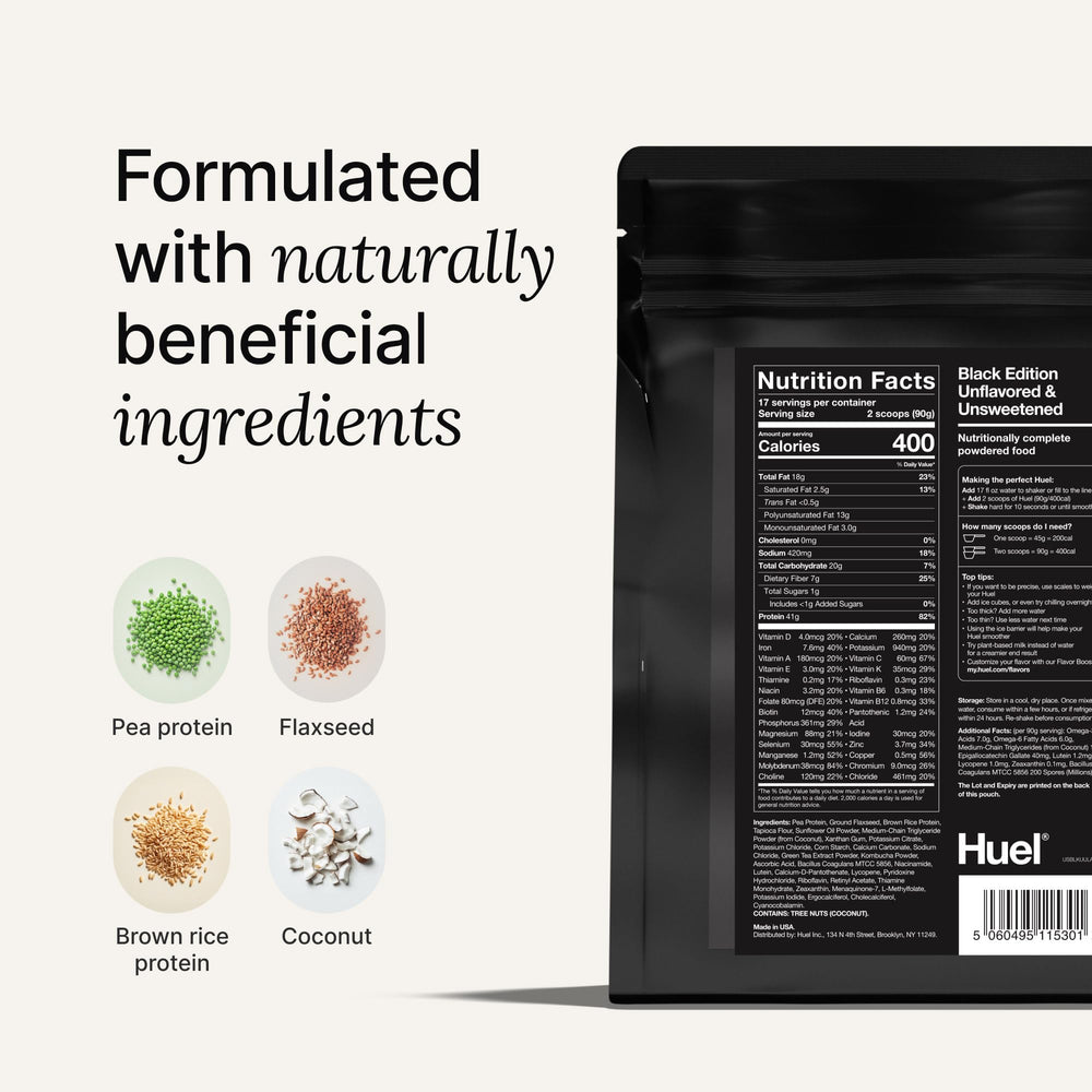 Huel Black Edition Chocolate 40g shake being poured—on-the-go nutrition.
