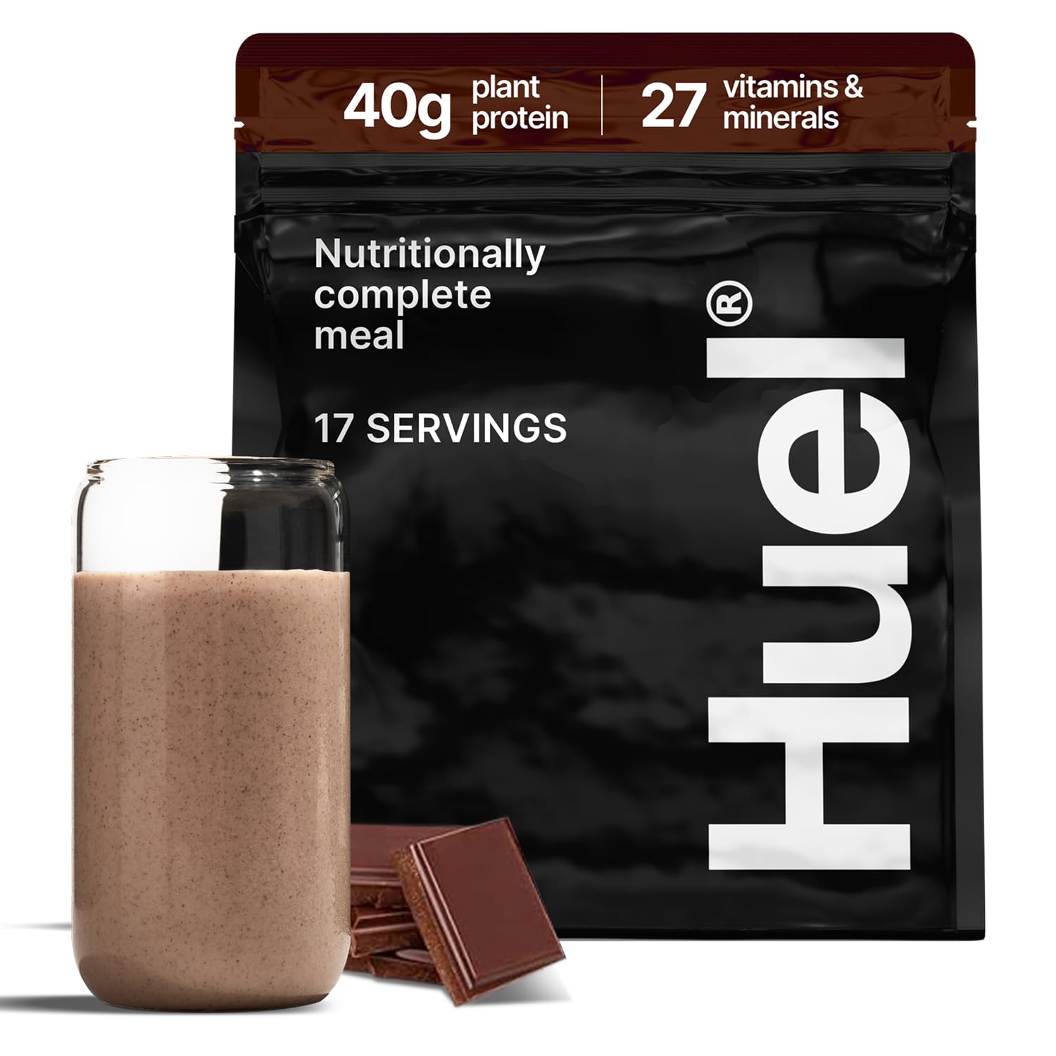 Huel Black Edition Chocolate 40g tub—protein-packed plant-based meal option.