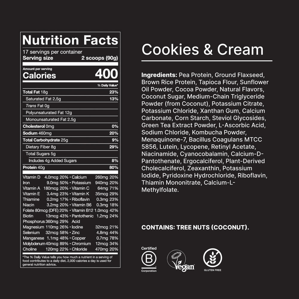 Huel Black Edition nutrition facts panel highlighting 27 vitamins and minerals.