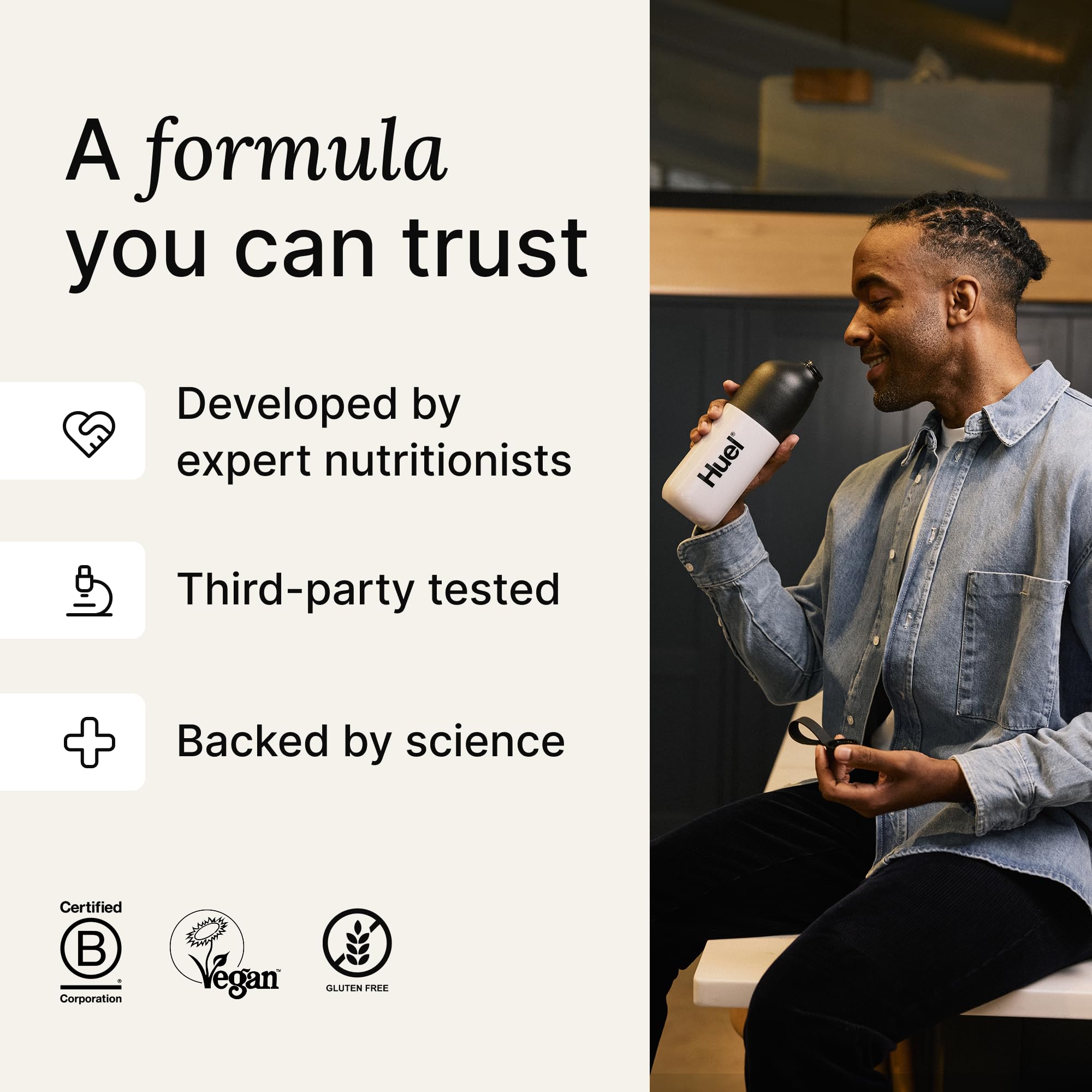 Huel Black Edition plant-based ingredients showcased for complete nutrition.