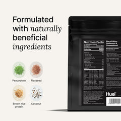 Pouring Huel shake into a glass for quick plant-based nourishment