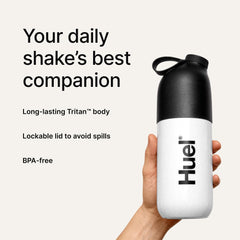 Huel Black Edition shaker lockable lid prevents spills during travel.