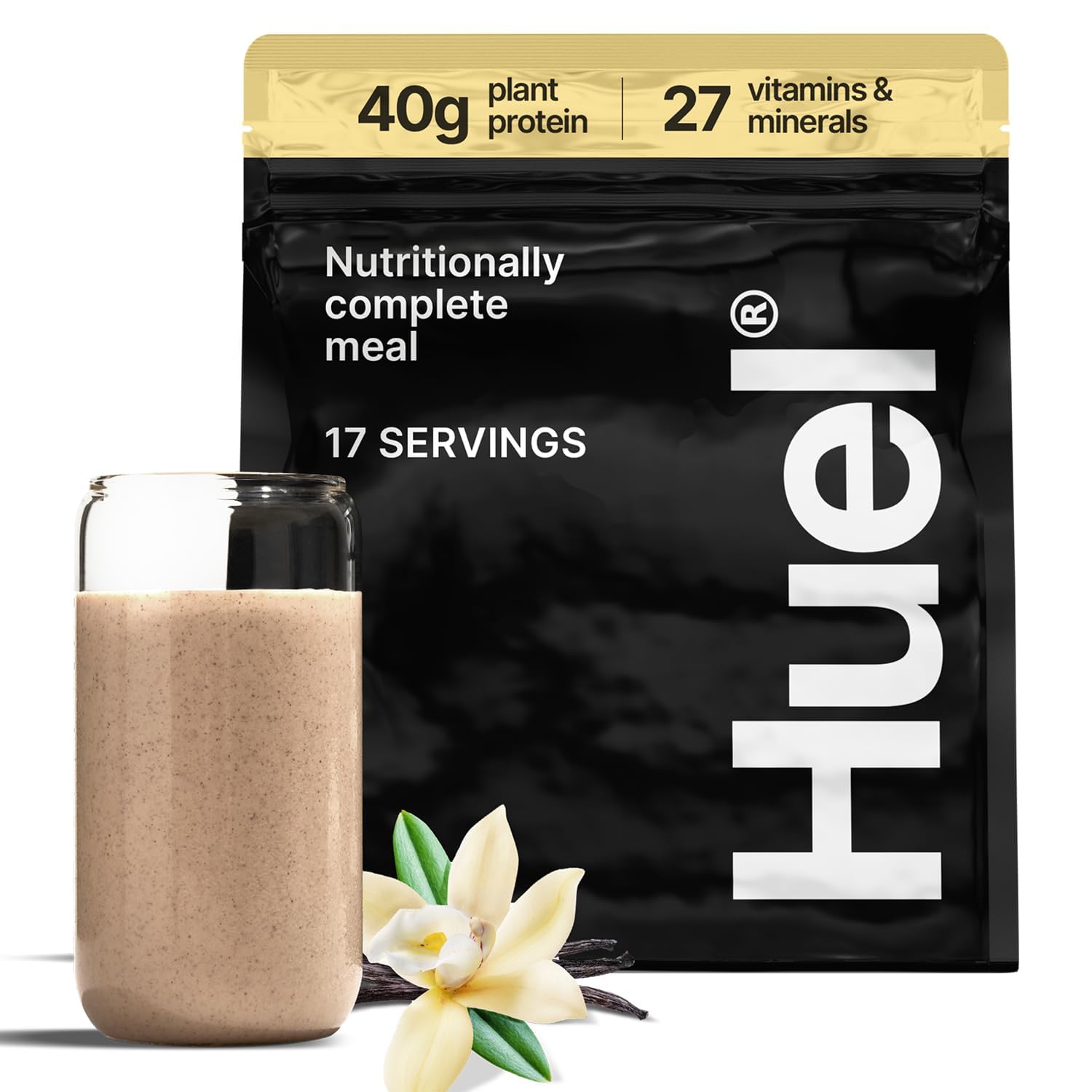 Huel Black Edition Vanilla 40g bottle delivers plant-based protein for on-the-go meals