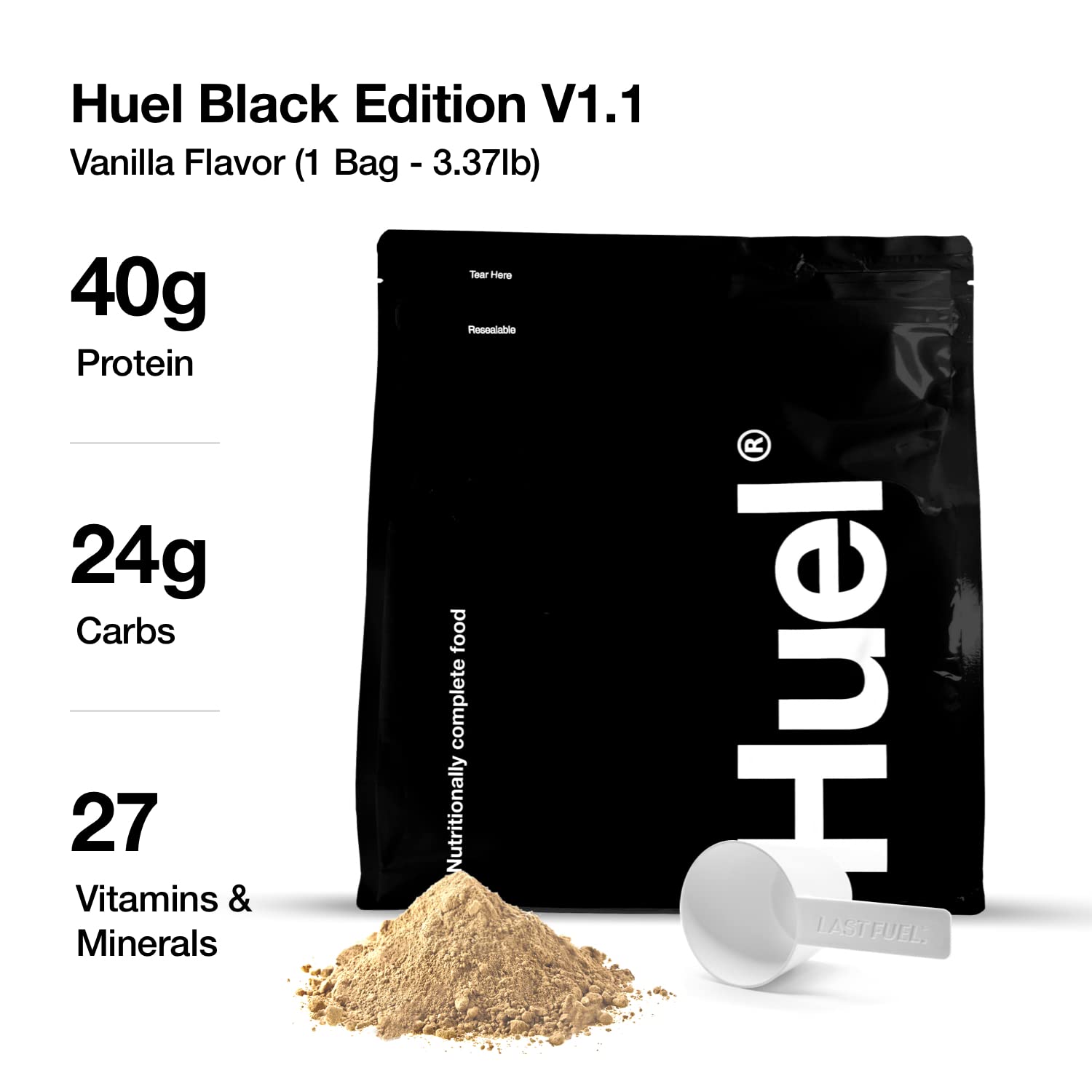 Huel Black Vanilla tub close-up showcases packaging for easy purchase decisions.