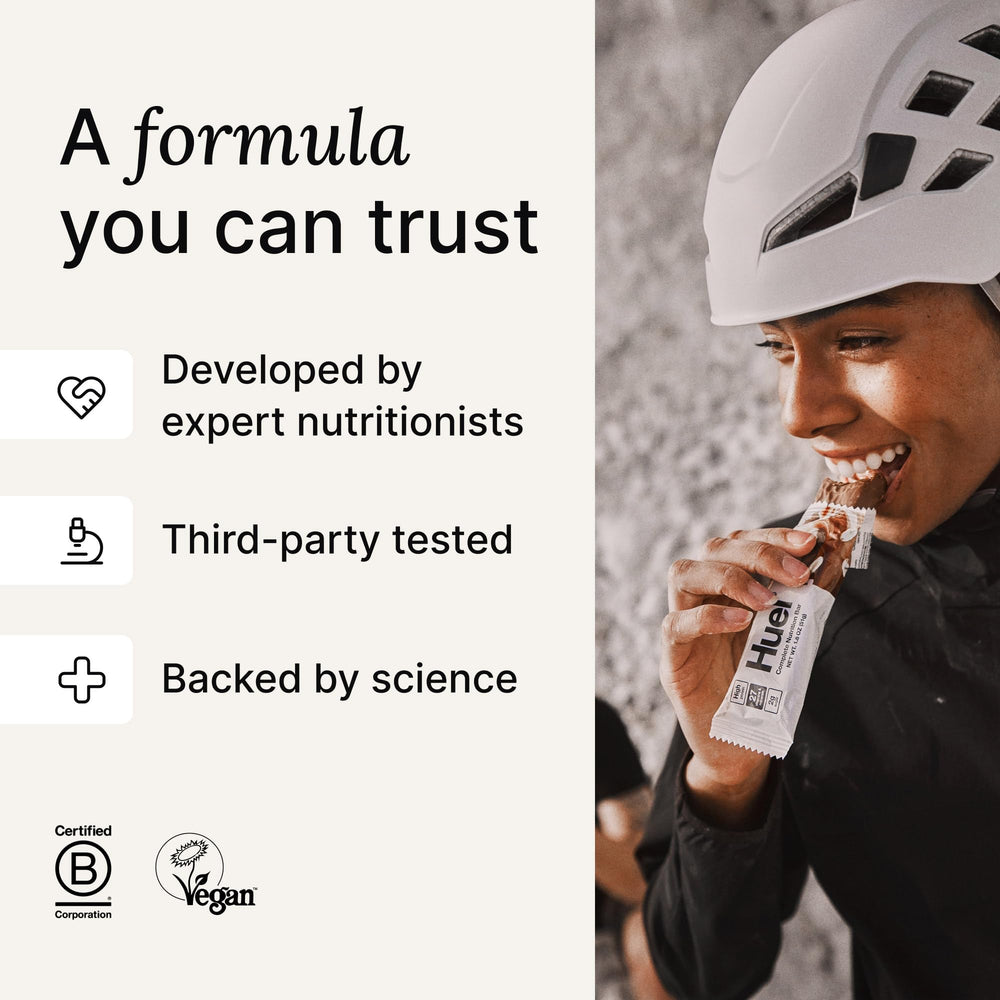 Close-up of vegan cocoa coating on Huel bar signaling premium coating