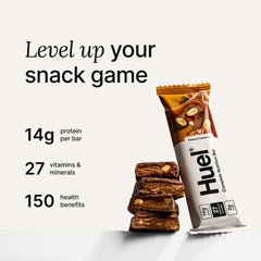 Huel bar ingredients layout highlighting plant-based nutrition and fiber