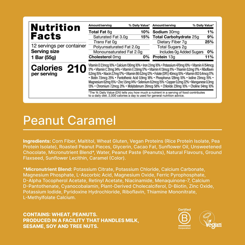 Close-up of Huel bar wrapper showing caramel layer and vegan coating for on-the-go energy