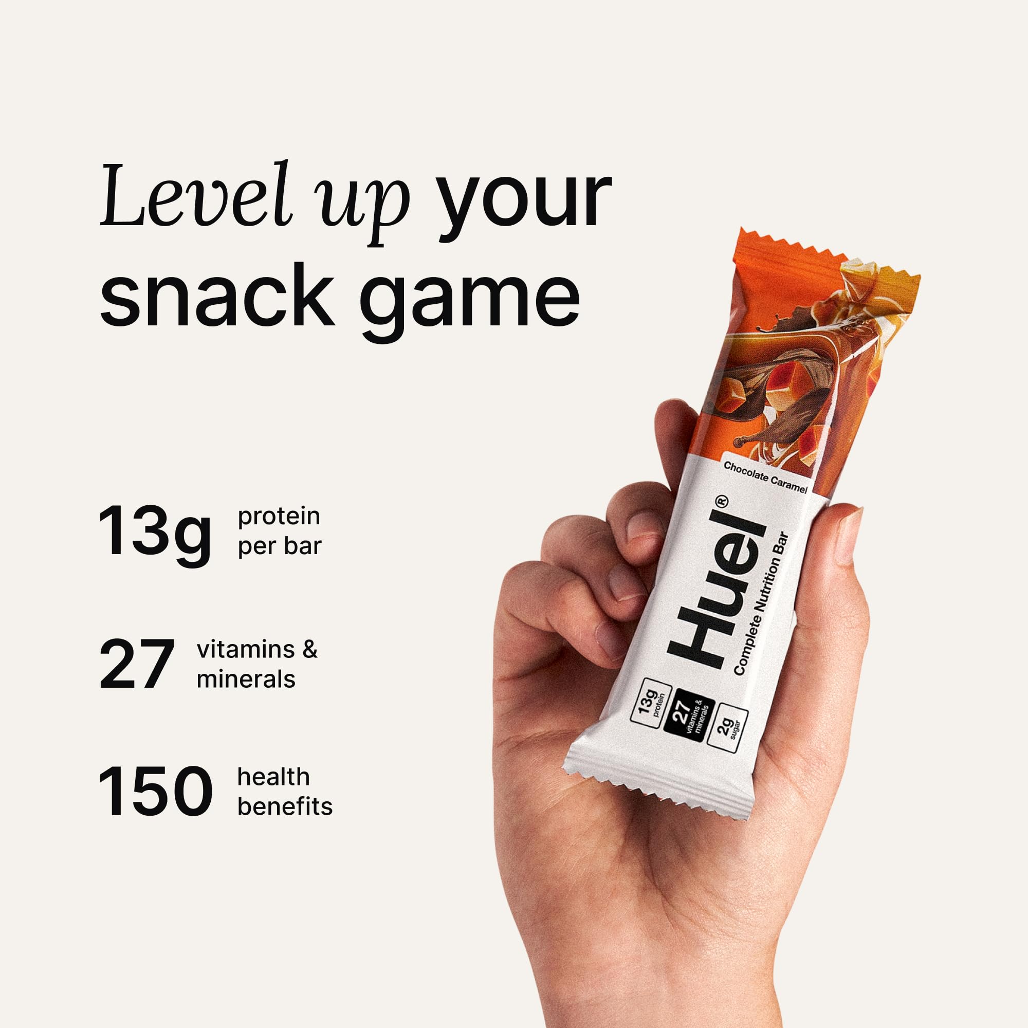 Huel Complete Nutrition Bar smooth caramel layer close-up for texture detail.