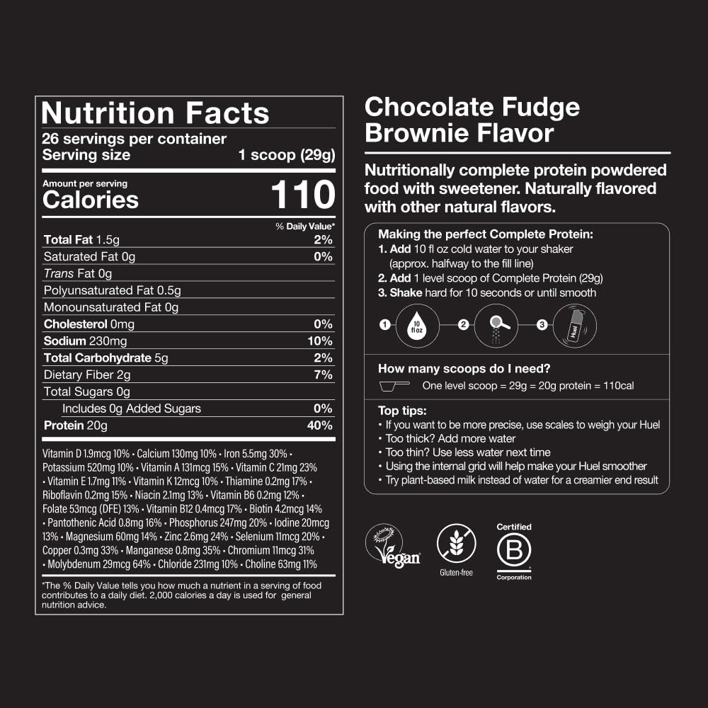 Huel Complete Protein Chocolate Fudge Brownie bottle shows 27 vitamins and minerals